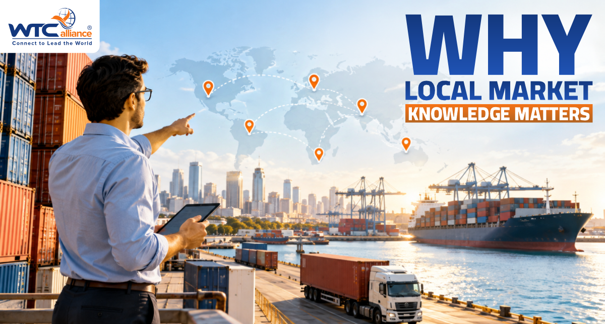 Freight forwarding professionals discussing local market knowledge and international logistics opportunities at a global networking event